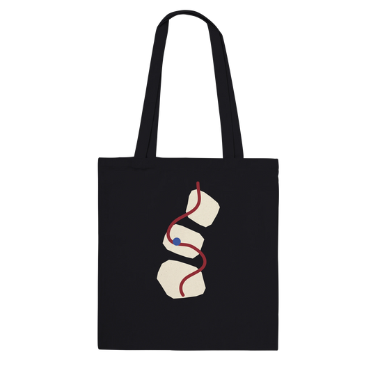 Front view of THE THREAD black cotton tote with original abstract artwork.