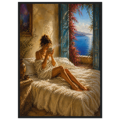 First Light Mediterranean framed art print in a black wood frame.