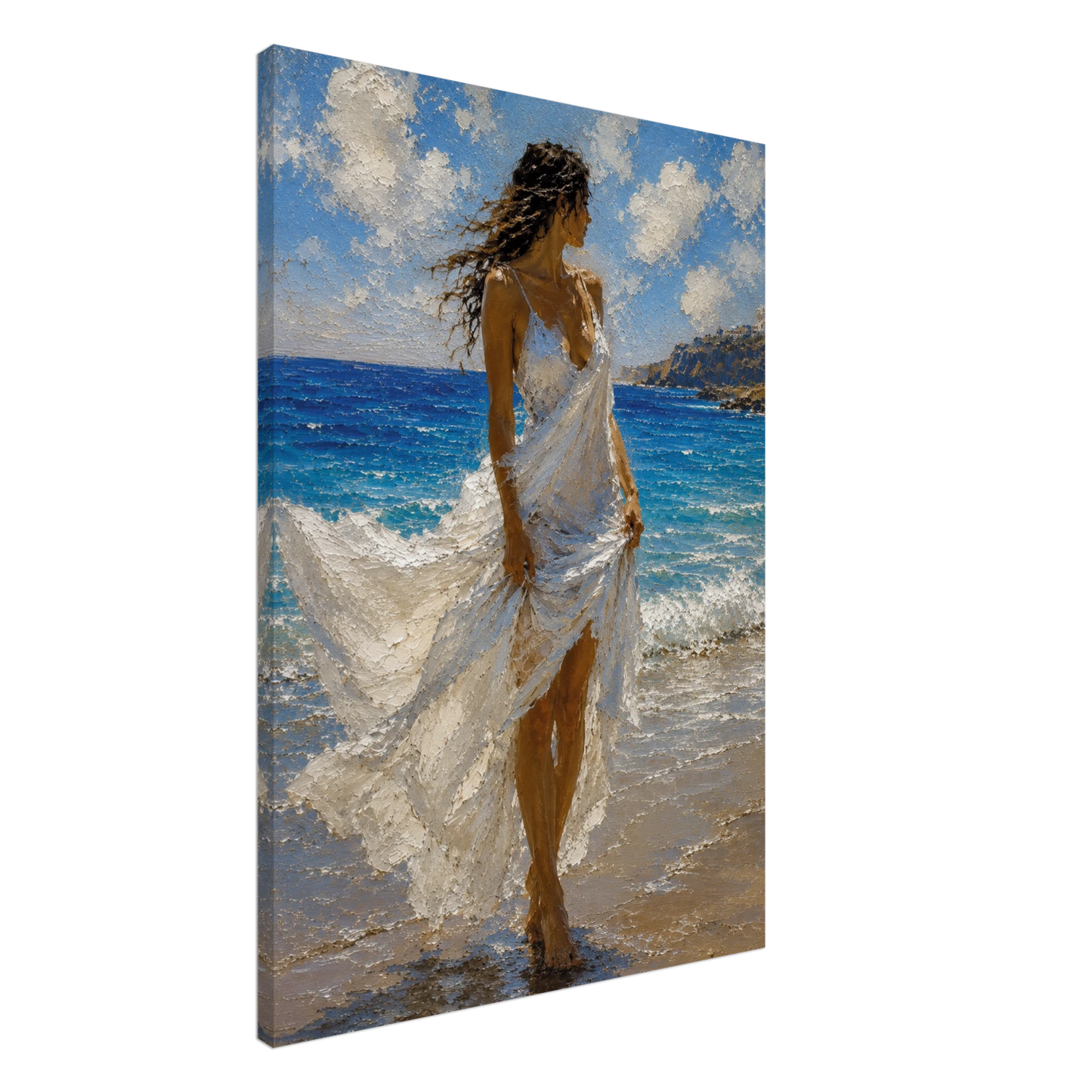 Gallery-wrapped canvas detail of Windswept with blue sea, white fabric and artwork continuing around the edges.