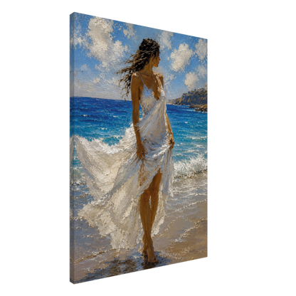 Gallery-wrapped canvas detail of Windswept with blue sea, white fabric and artwork continuing around the edges.