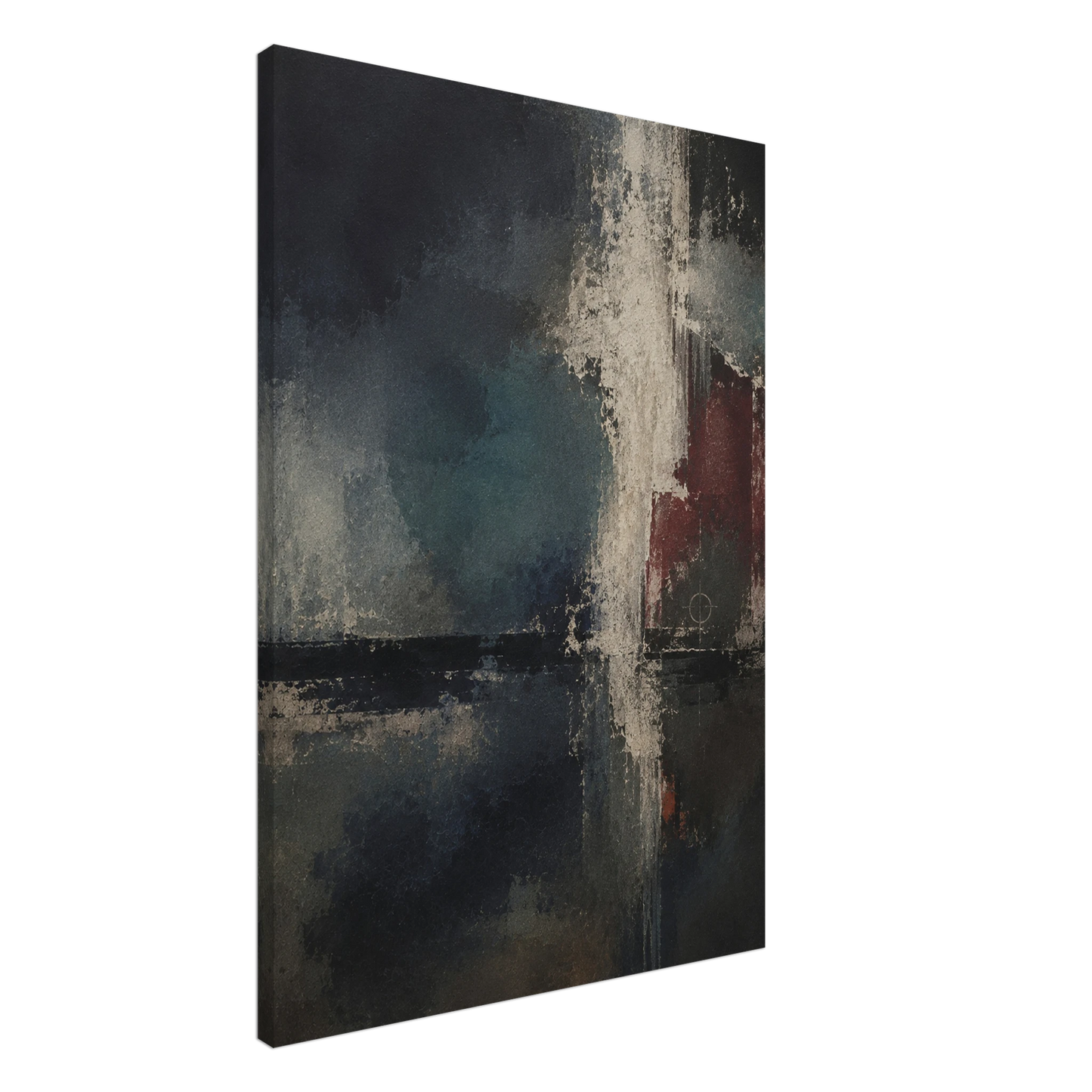 Angled view of Night Signal gallery-wrapped canvas showing the dark textured composition and deep edge.