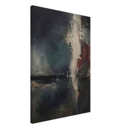 Angled view of Night Signal gallery-wrapped canvas showing the dark textured composition and deep edge.
