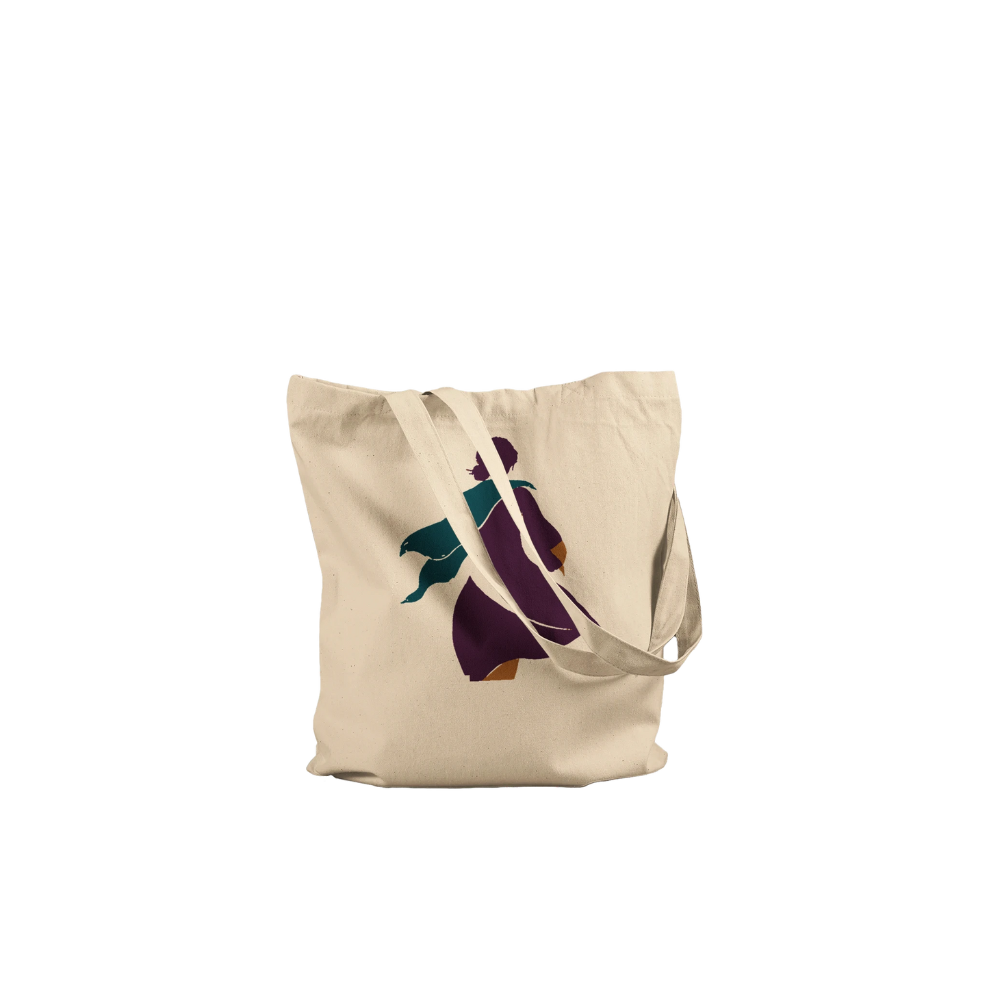 Folded THE TURN natural cotton tote showing the aubergine and petrol-blue figurative artwork.