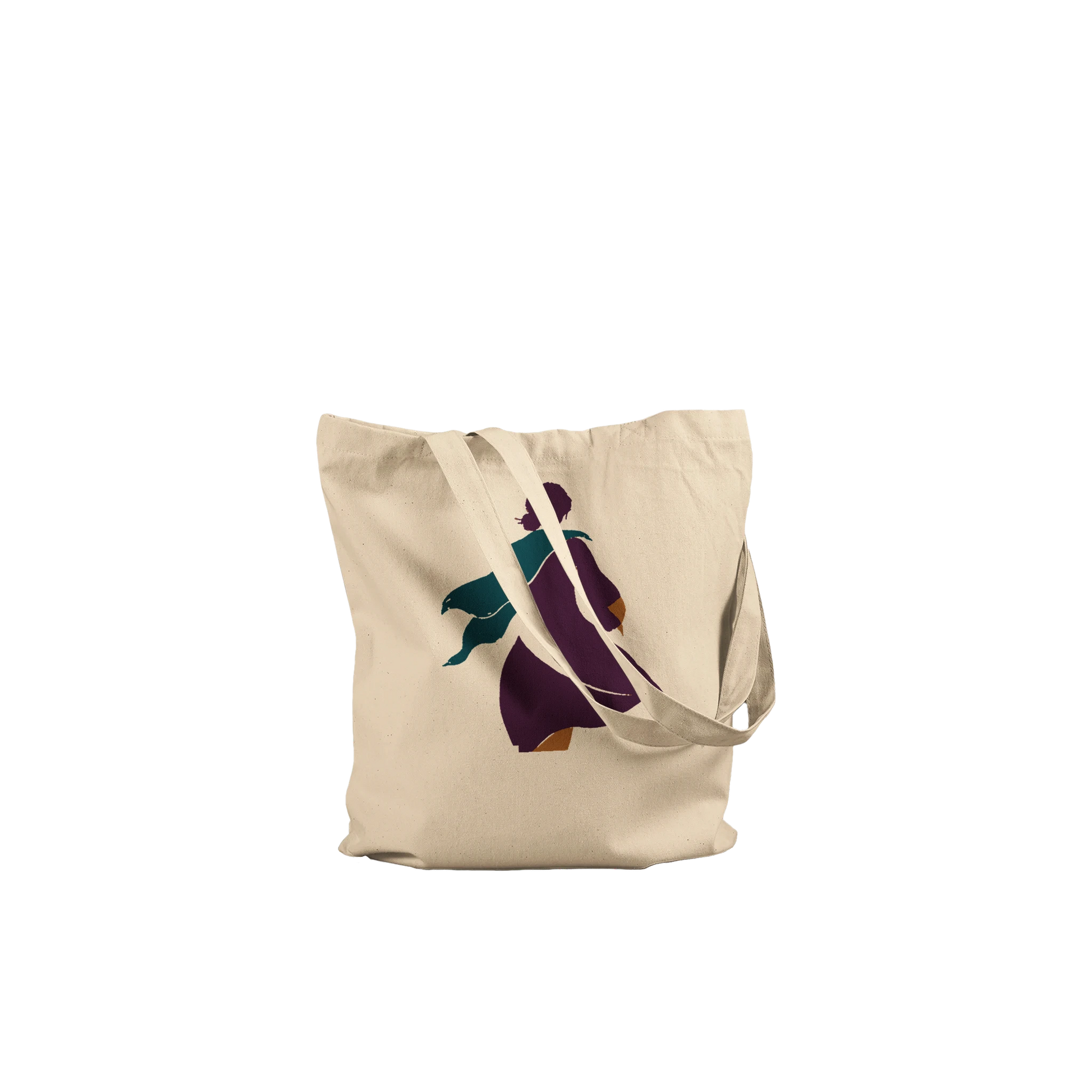 Folded THE TURN natural cotton tote showing the aubergine and petrol-blue figurative artwork.