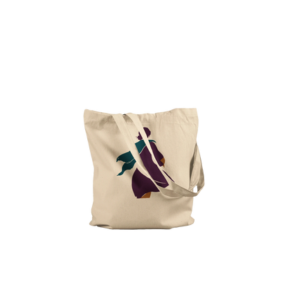 Folded THE TURN natural cotton tote showing the aubergine and petrol-blue figurative artwork.