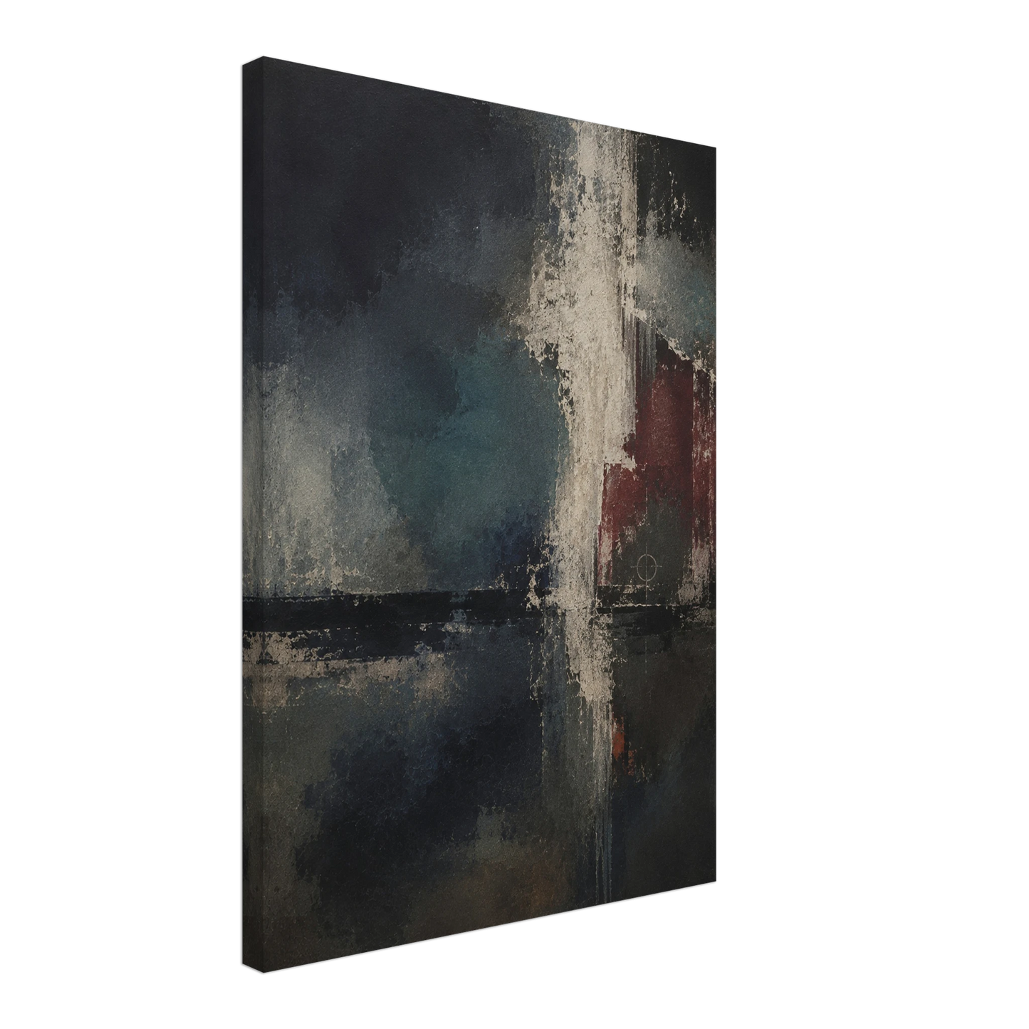 Angled product view of Night Signal canvas showing charcoal, mineral blue, ivory and burgundy details.