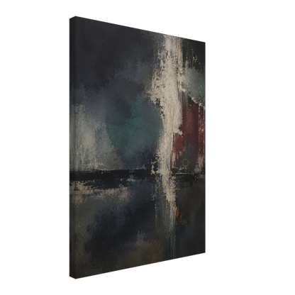Angled product view of Night Signal canvas showing charcoal, mineral blue, ivory and burgundy details.