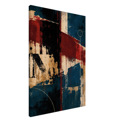 Angled view of Interference gallery-wrapped canvas showing teal, burgundy, ivory and black abstract details.