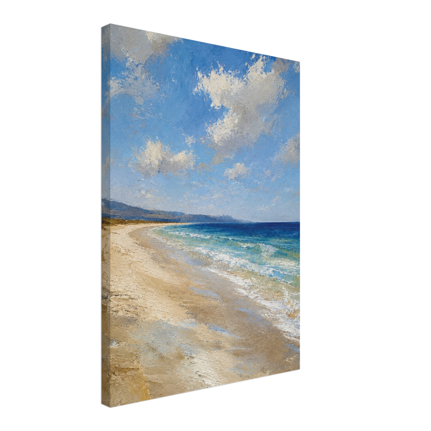 Gallery-wrapped canvas detail of The Blue Distance with blue sea, pale sand and artwork continuing around the edges.