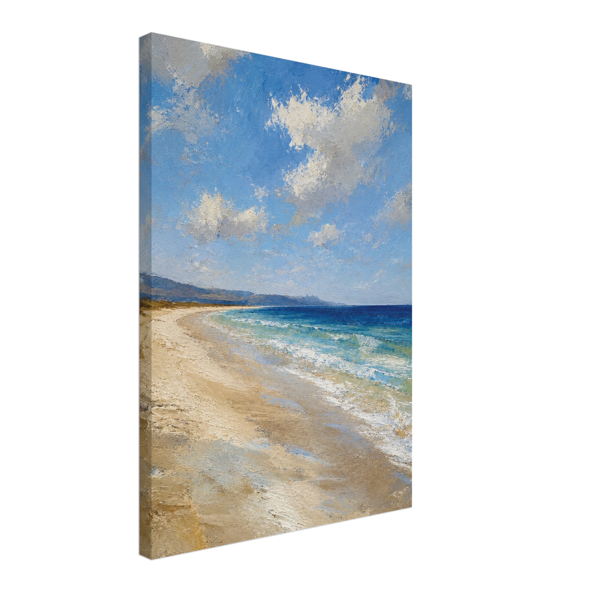 Gallery-wrapped canvas detail of The Blue Distance with blue sea, pale sand and artwork continuing around the edges.