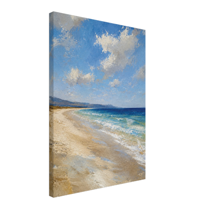 Gallery-wrapped canvas detail of The Blue Distance with blue sea, pale sand and artwork continuing around the edges.