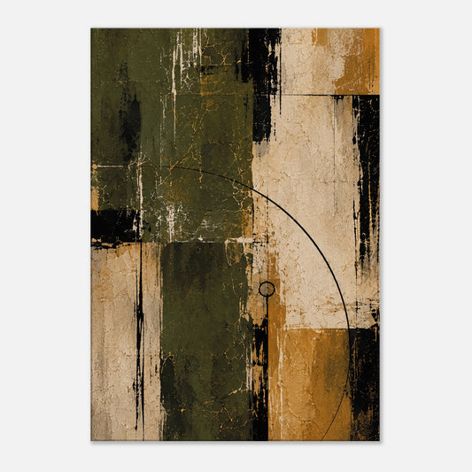 Held Ground olive abstract canvas art with weathered ivory, black structural marks, warm ochre blocks and a fine curved line.