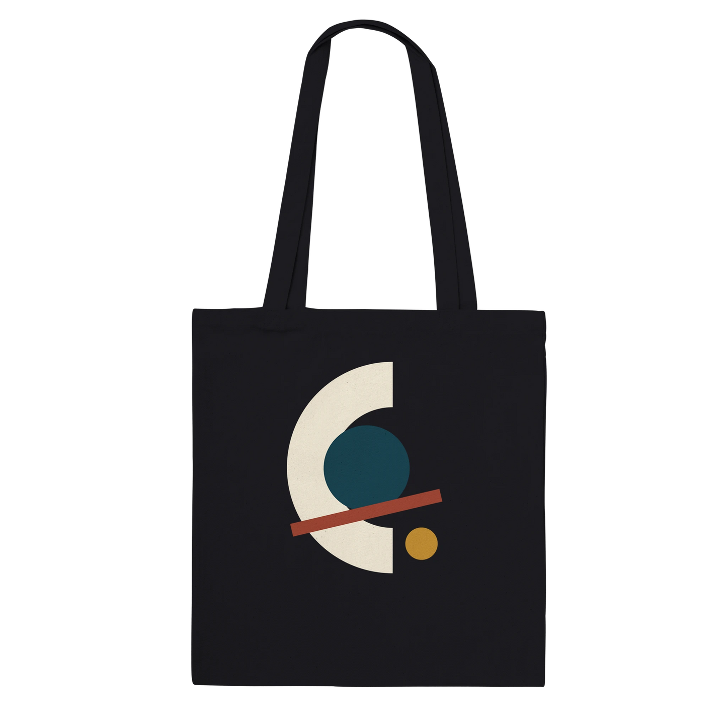THE ALIGNMENT premium black cotton tote featuring ivory, petrol, oxblood and ochre abstract artwork.