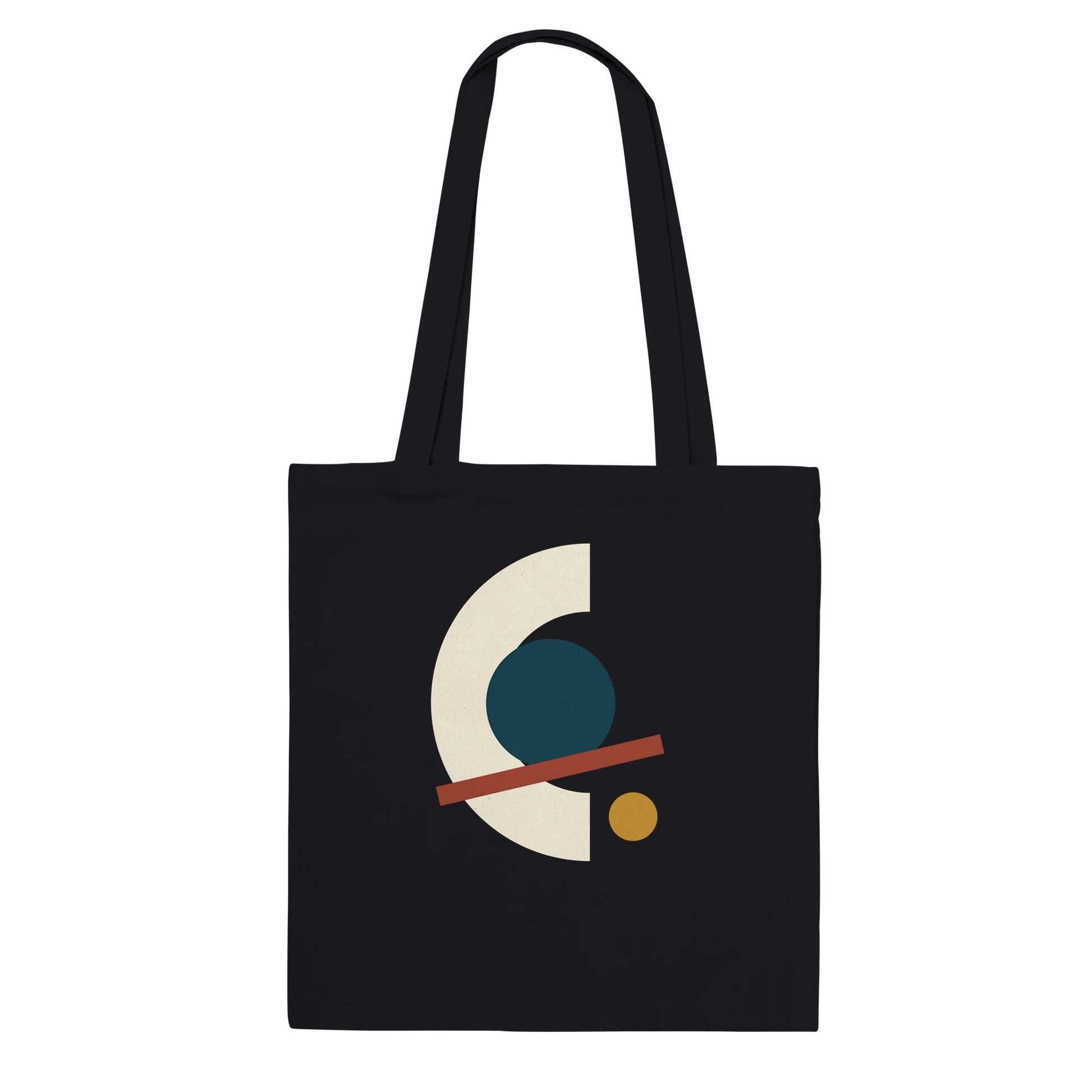 THE ALIGNMENT premium black cotton tote featuring ivory, petrol, oxblood and ochre abstract artwork.