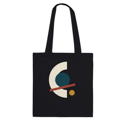 THE ALIGNMENT premium black cotton tote featuring ivory, petrol, oxblood and ochre abstract artwork.