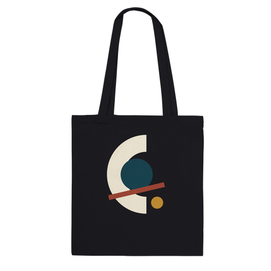 THE ALIGNMENT premium black cotton tote featuring ivory, petrol, oxblood and ochre abstract artwork.