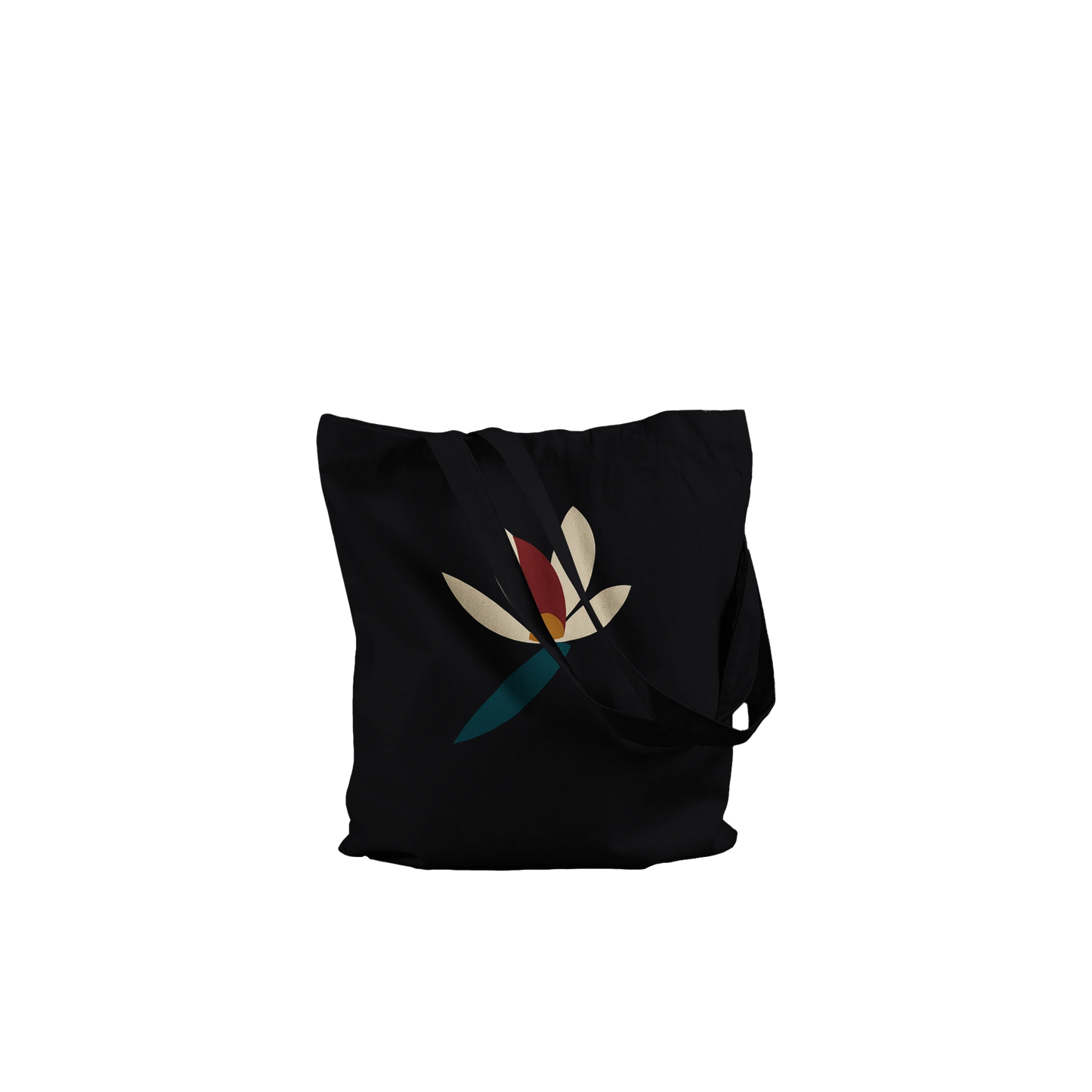 Folded THE BLOOM cotton tote showing the ivory, oxblood, ochre and petrol floral design