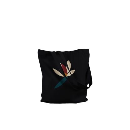 Folded THE BLOOM cotton tote showing the ivory, oxblood, ochre and petrol floral design