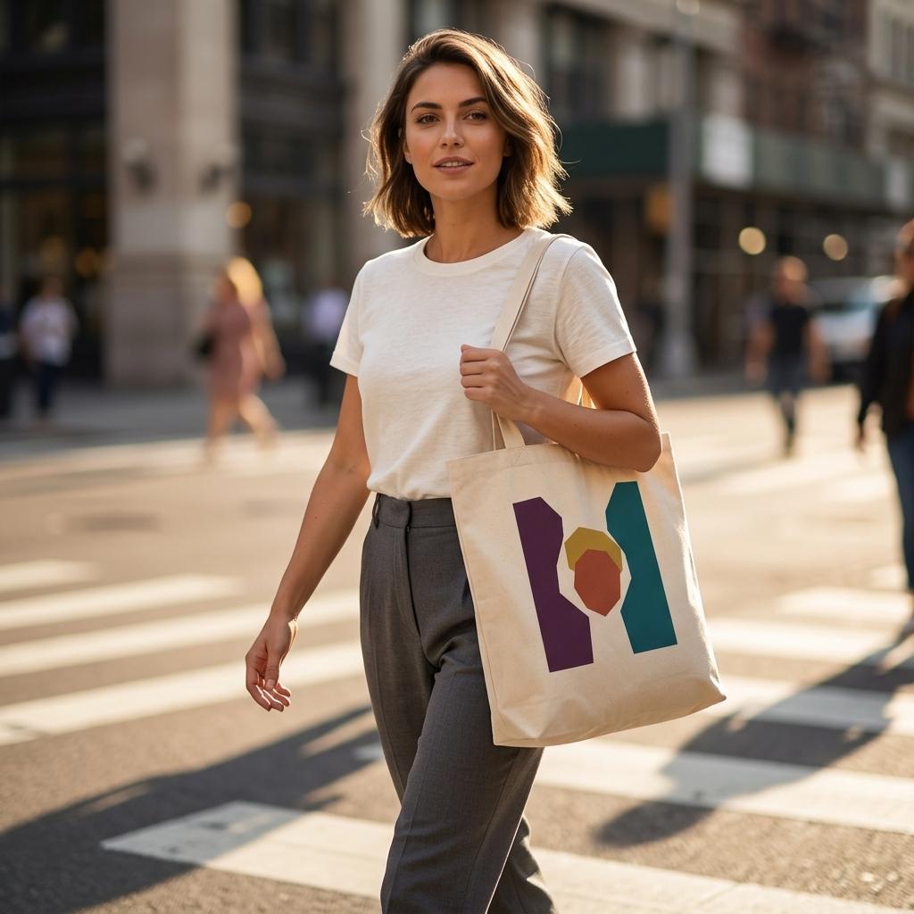 Woman carrying THE KEEPING natural cotton art tote bag on a city street