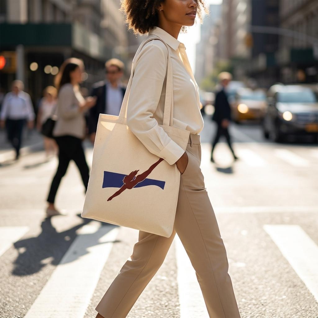 Woman carrying THE PULL natural cotton art tote on a sunlit city street.