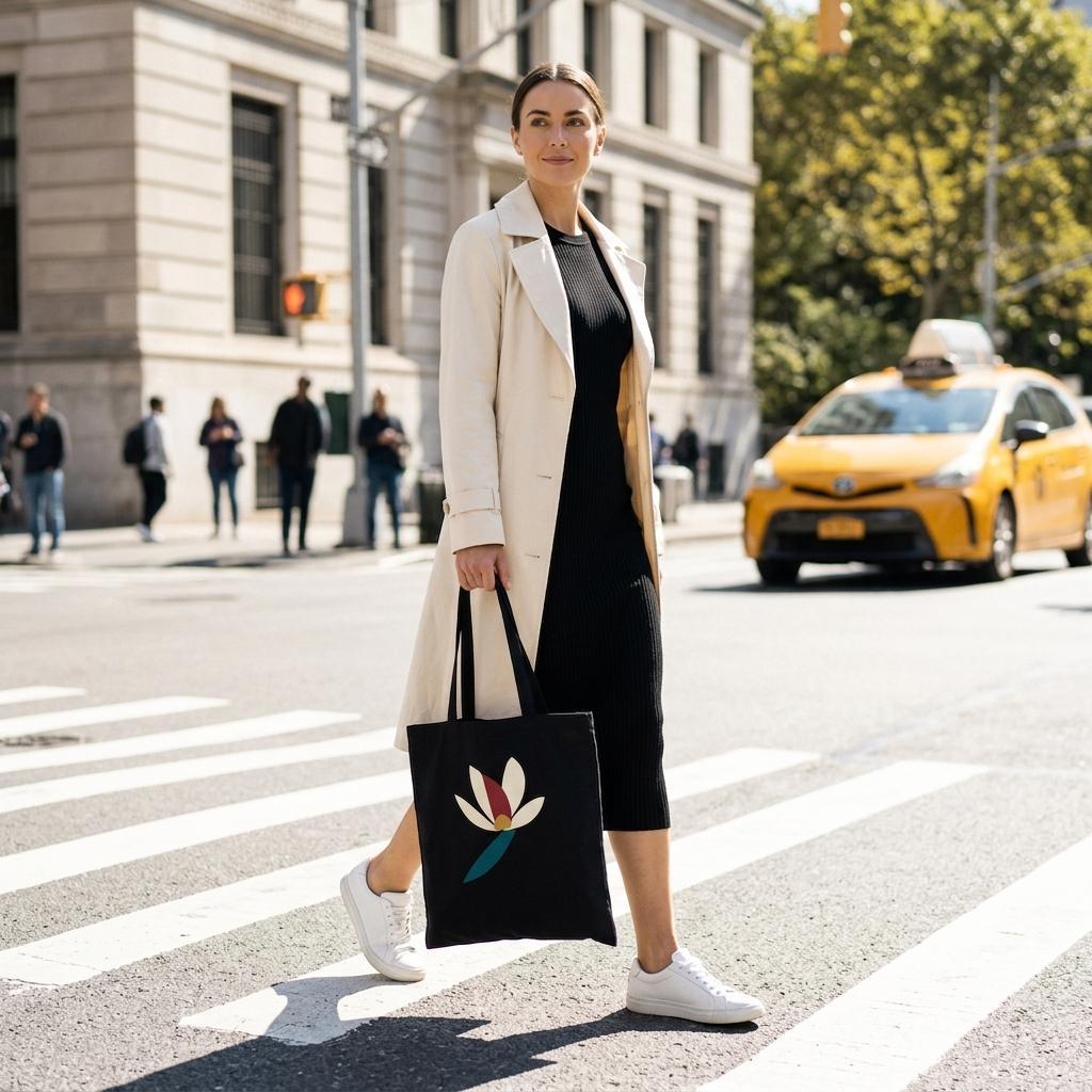 Person carrying THE BLOOM black cotton art tote while crossing a city street