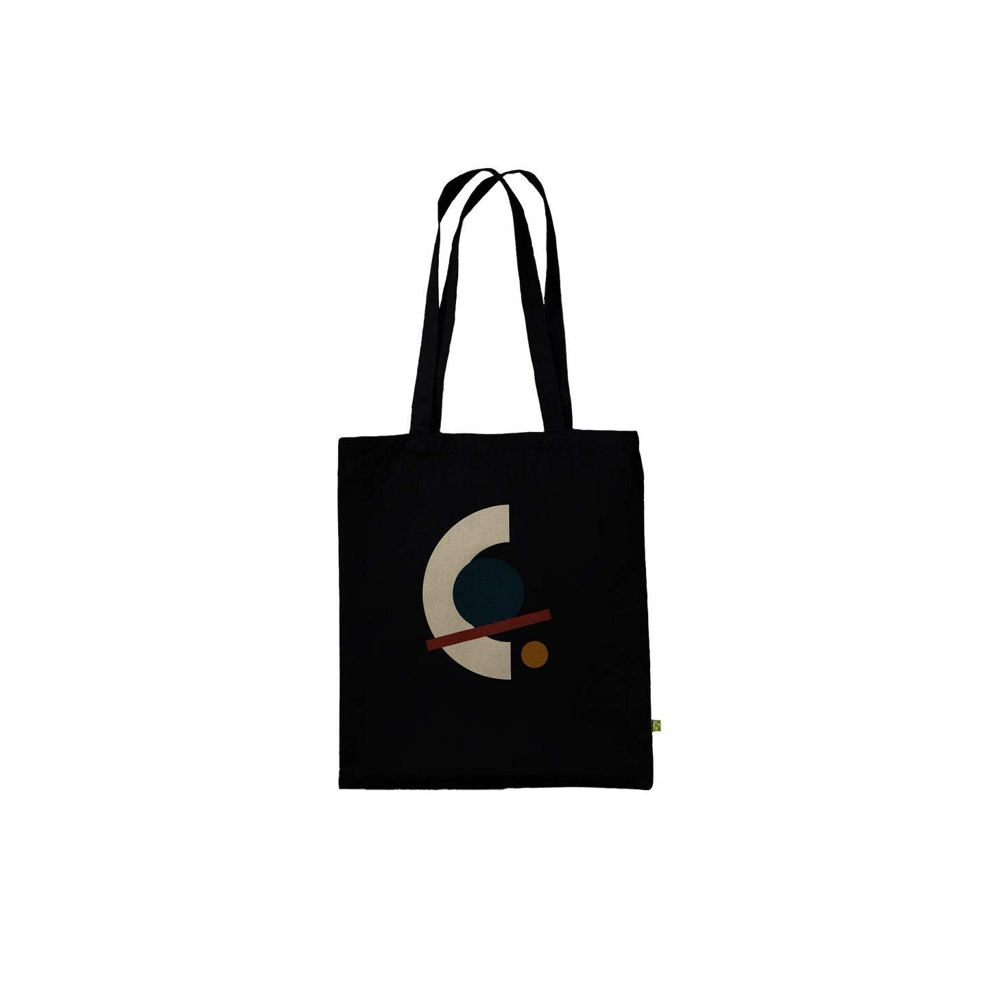 Front view of THE ALIGNMENT black cotton tote with an ivory arc, petrol circle, oxblood axis and ochre disc.