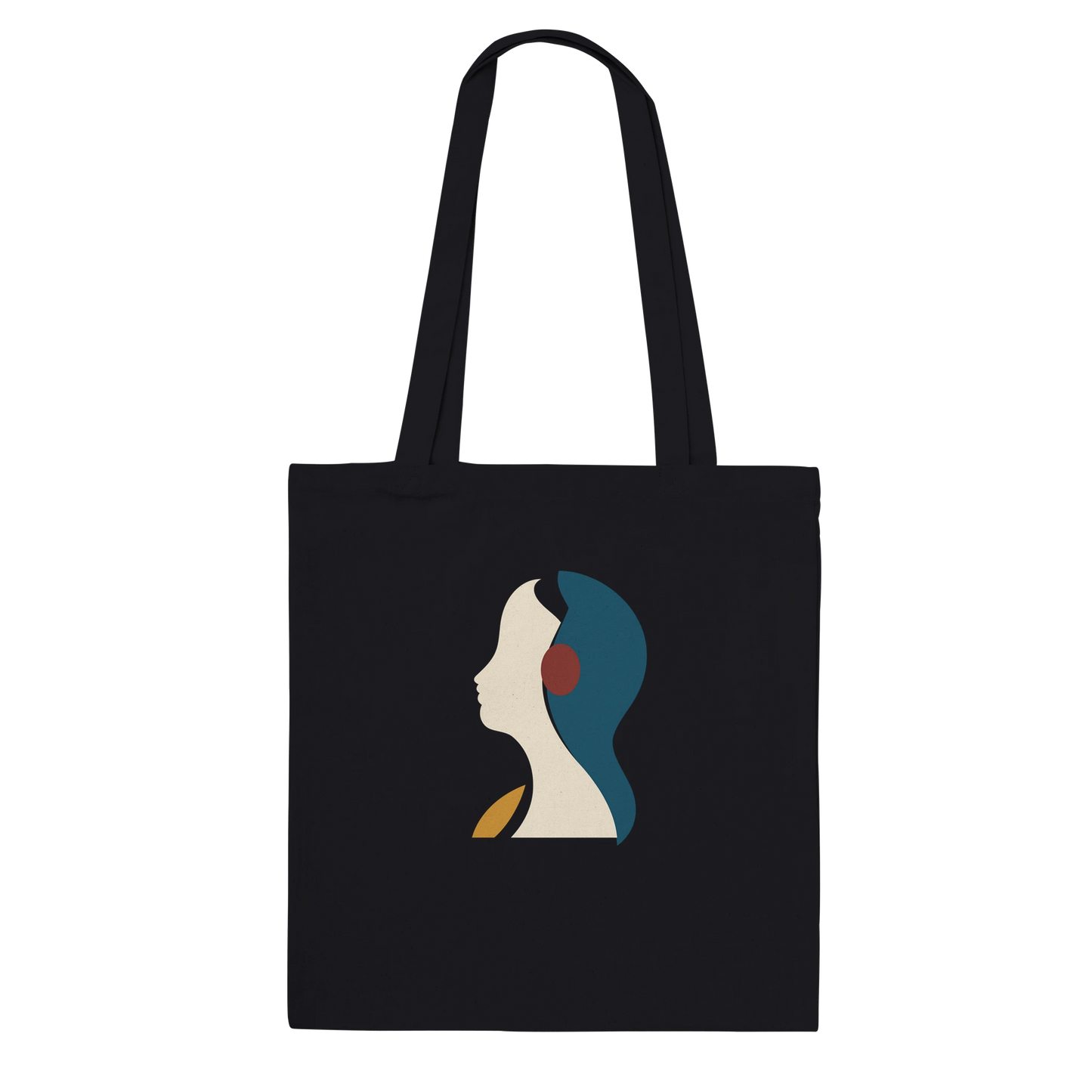 THE LISTENING premium black cotton tote featuring a sculptural ivory profile with petrol-blue, oxblood and ochre accents.