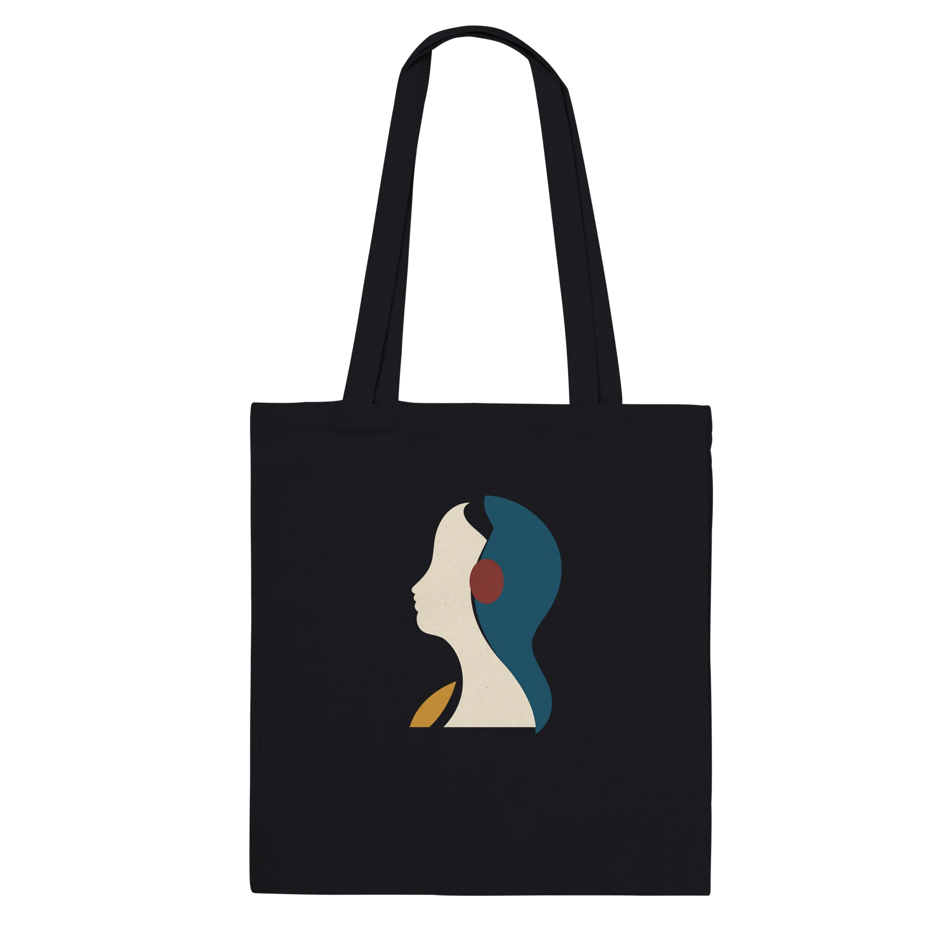 THE LISTENING premium black cotton tote featuring a sculptural ivory profile with petrol-blue, oxblood and ochre accents.