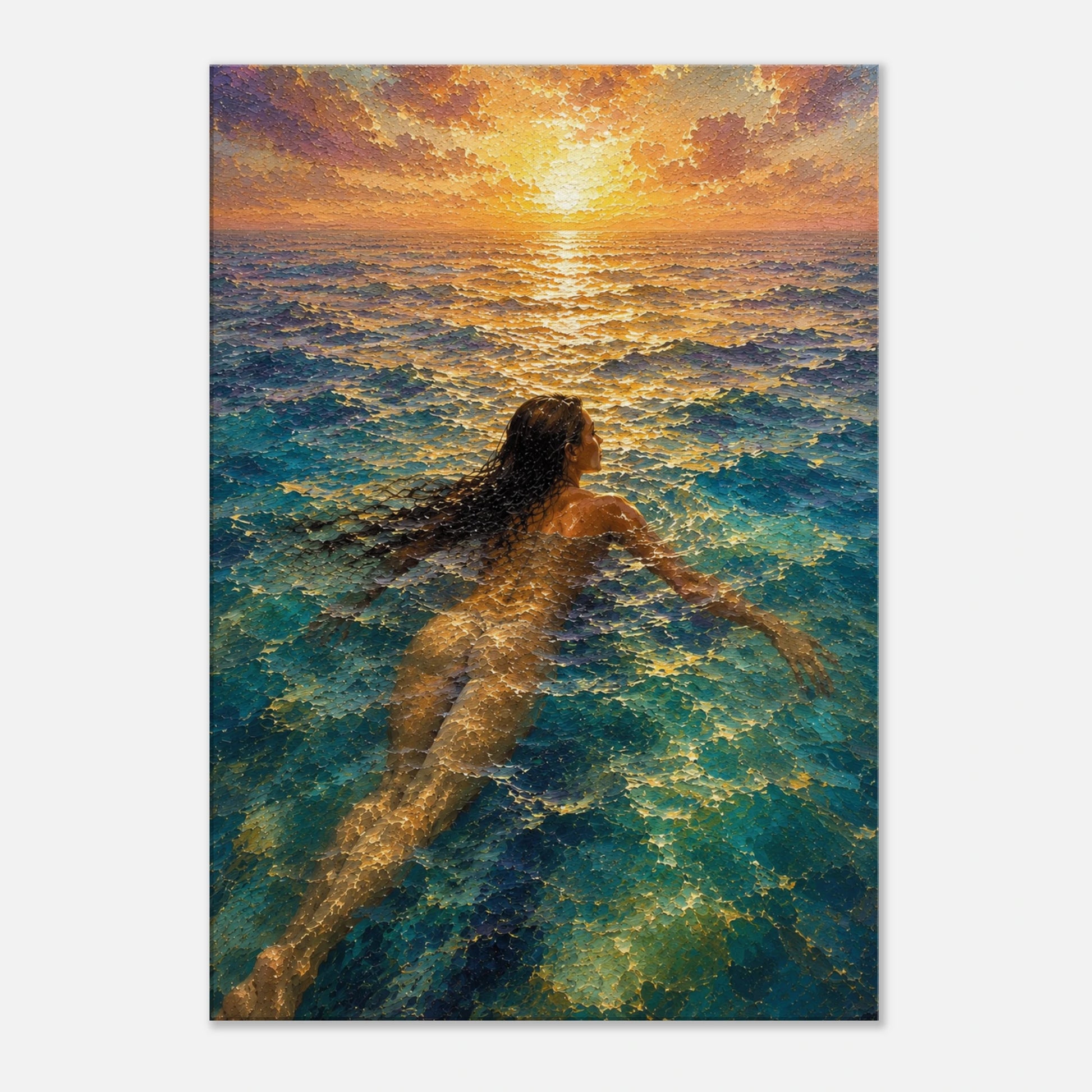 Gallery-wrapped canvas detail of The Current with turquoise water, golden sunset reflection and artwork continuing around the edges.