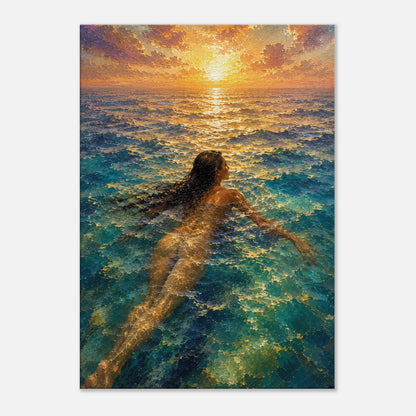 Gallery-wrapped canvas detail of The Current with turquoise water, golden sunset reflection and artwork continuing around the edges.