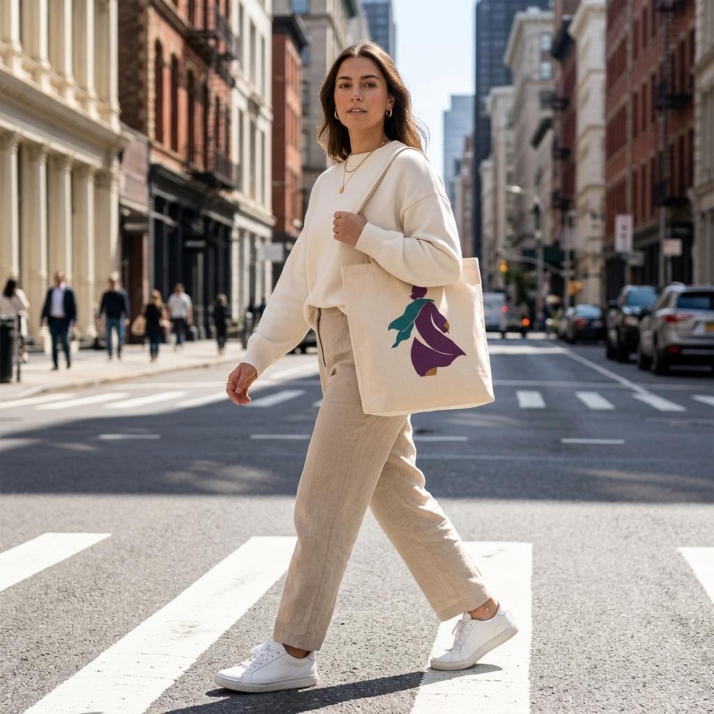 Woman in a cream suit carrying THE TURN natural cotton art tote on a sunlit city street.