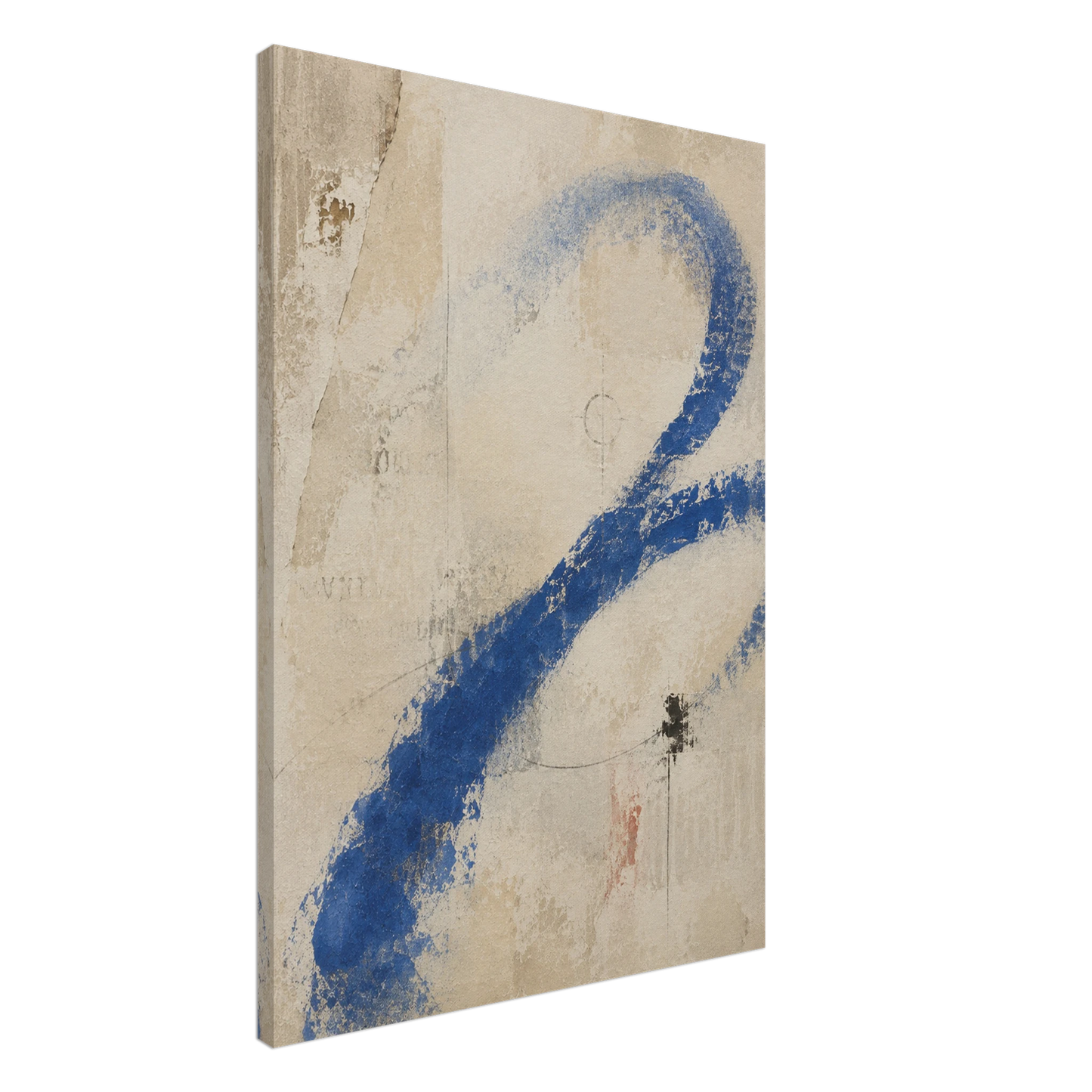 Angled view of Proof of Life gallery-wrapped canvas showing the cobalt gesture and textured neutral ground.