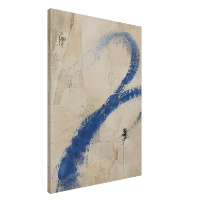 Angled view of Proof of Life gallery-wrapped canvas showing the cobalt gesture and textured neutral ground.