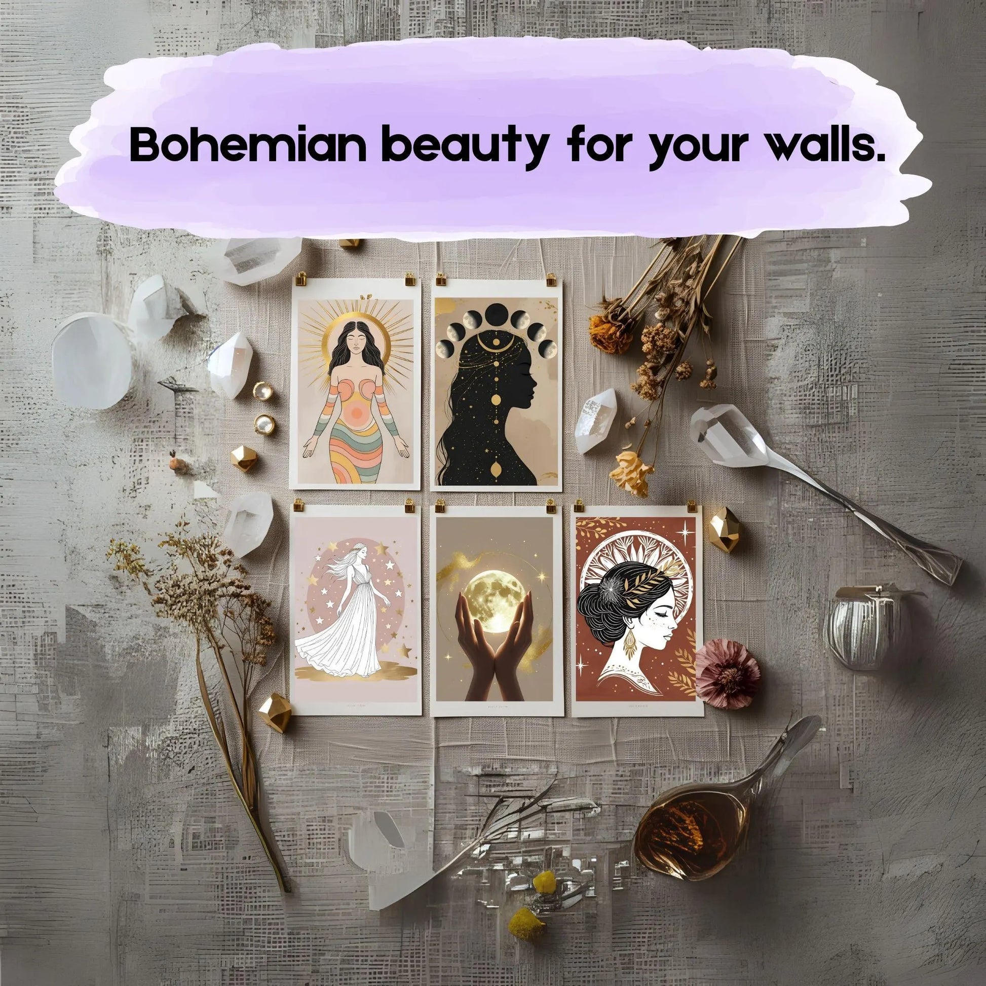 Boho Goddess Wall Art Set (5 Prints) | Celestial Moon Phase | Feminine Digital Download 🌙✨ - LunarHeartCo