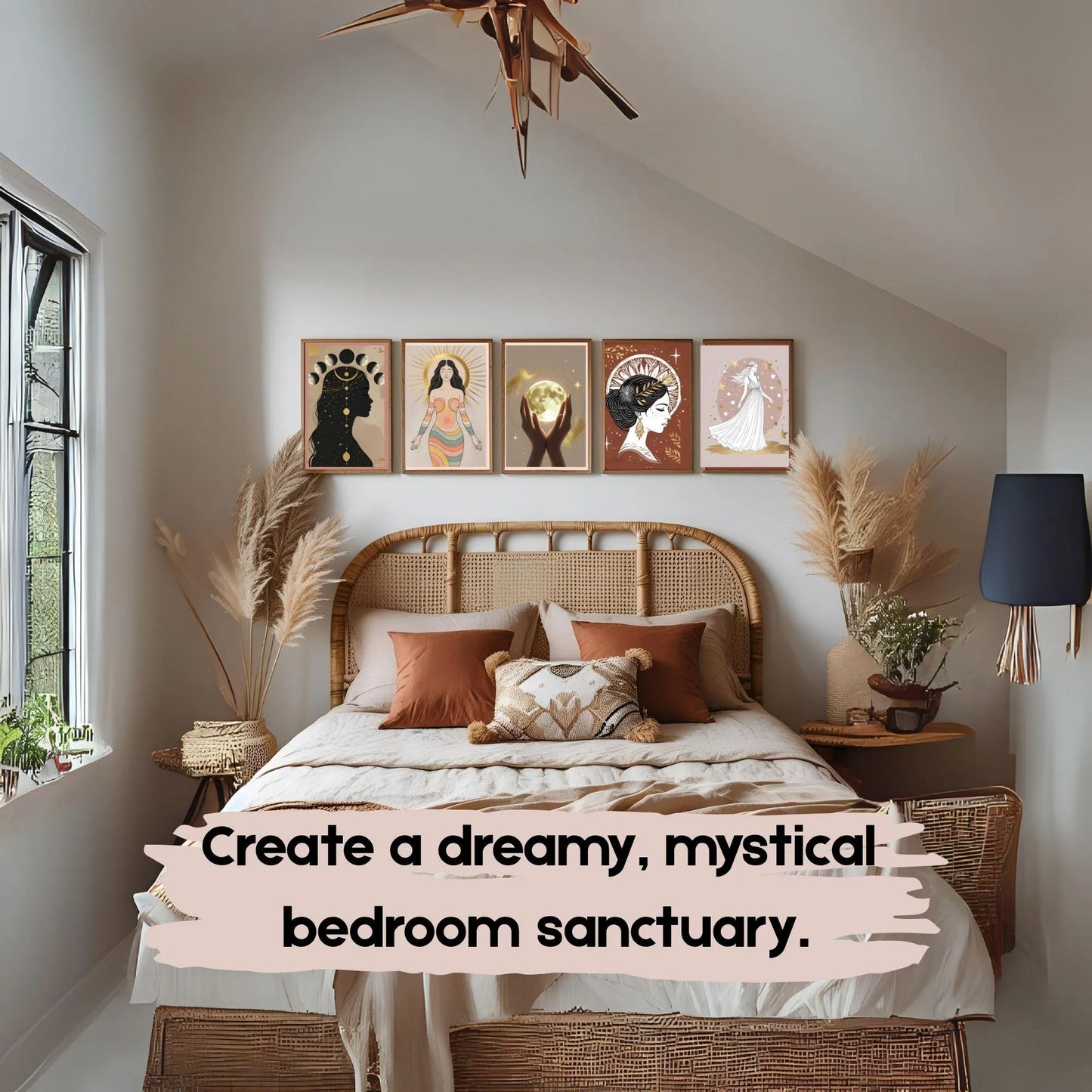 Boho Goddess Wall Art Set (5 Prints) | Celestial Moon Phase | Feminine Digital Download 🌙✨ - LunarHeartCo