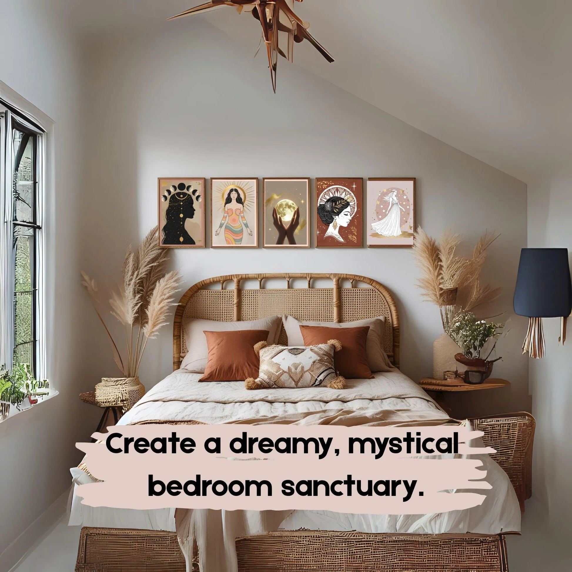 Boho Goddess Wall Art Set (5 Prints) | Celestial Moon Phase | Feminine Digital Download 🌙✨ - LunarHeartCo