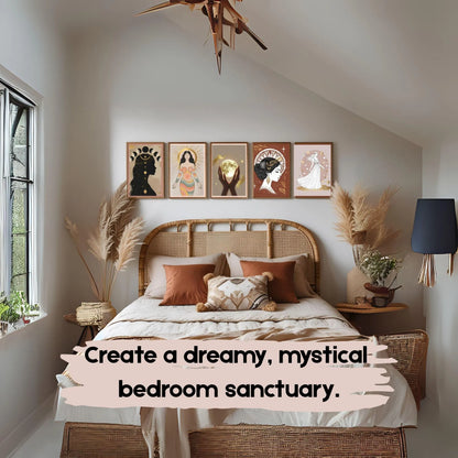 Boho Goddess Wall Art Set (5 Prints) | Celestial Moon Phase | Feminine Digital Download 🌙✨ - LunarHeartCo