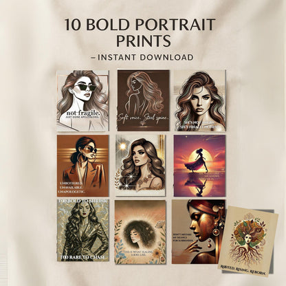 Fierce Woman Wall Art Bundle (10 Prints) | Feminine Empowerment Portrait Quotes | Printable Digital Décor 💋✨ - LunarHeartCo