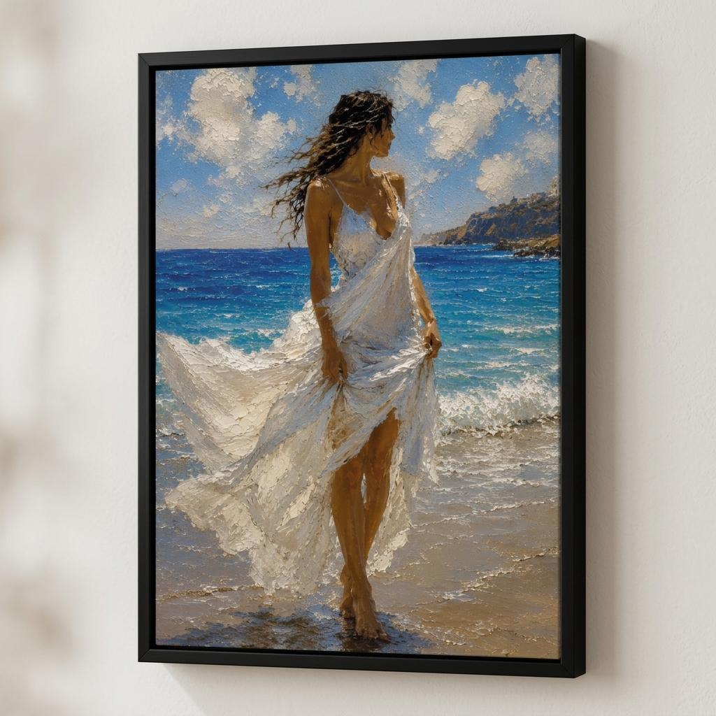 Close-up of Mediterranean coastal wall art with blue sea, white dress, wind movement, and painterly texture.