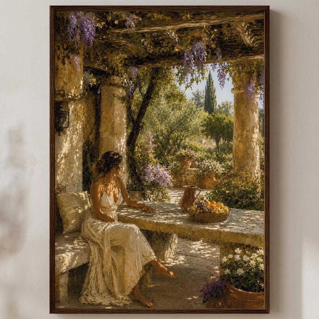Close-up of Mediterranean pergola wall art with seated woman, stone table, flowers, fruit bowl, columns and warm garden light.