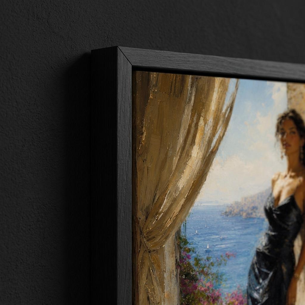 Close-up of Mediterranean alcove wall art with woman in black dress, stone wall, soft curtain, open window and coastal sea view.