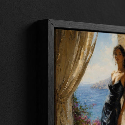 Close-up of Mediterranean alcove wall art with woman in black dress, stone wall, soft curtain, open window and coastal sea view.