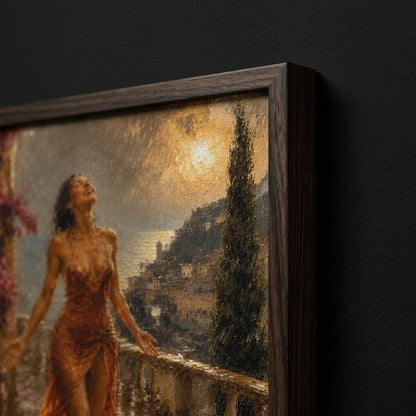 Close-up of painterly Mediterranean wall art with falling rain, wet stone, terracotta fabric and golden sunlight.
