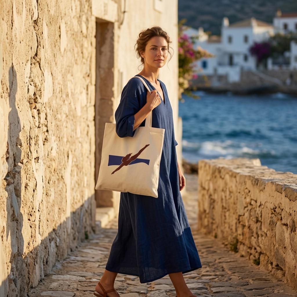Woman carrying THE PULL natural cotton art tote beside a sunlit Mediterranean stone wall.