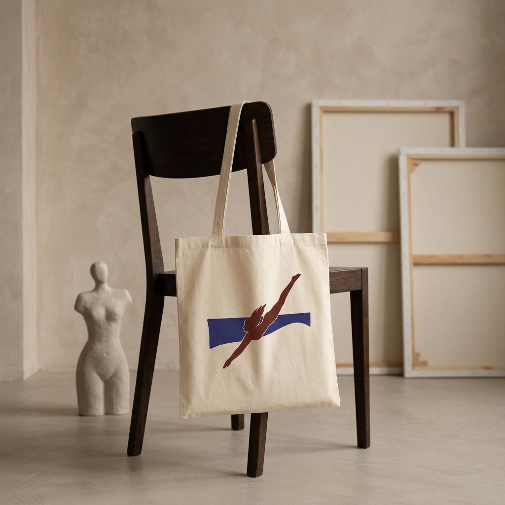 THE PULL natural cotton tote displayed on a wooden chair in a neutral interior.