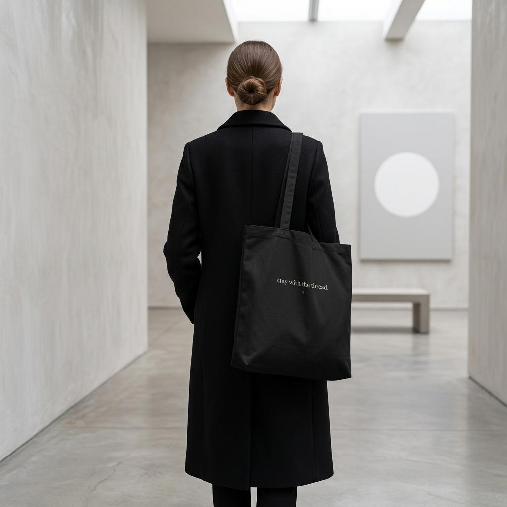Person in a black coat carrying THE THREAD tote through a minimalist gallery interior.