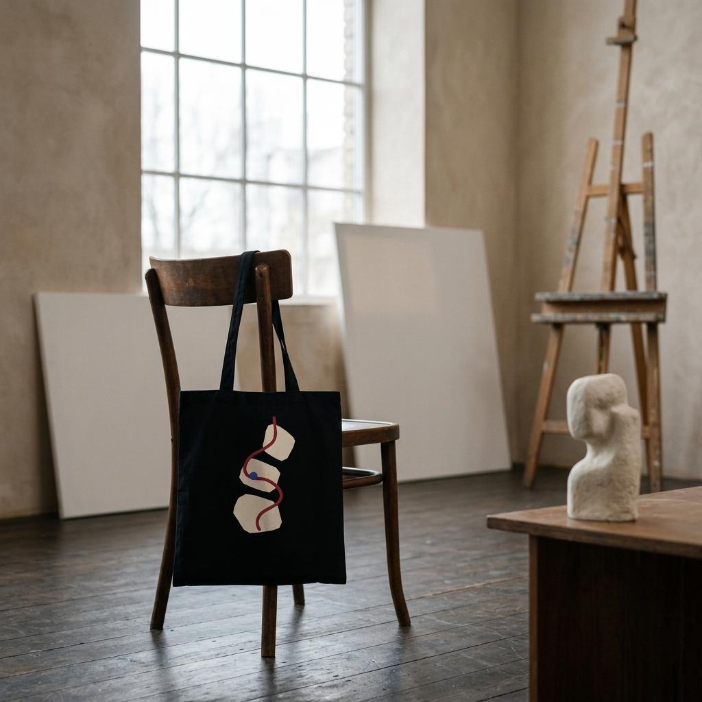 THE THREAD premium black cotton tote displayed in a contemporary artist’s studio.