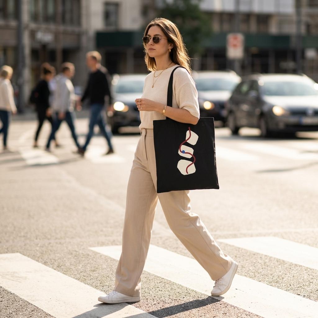 Woman carrying THE THREAD black cotton art tote on a city street.