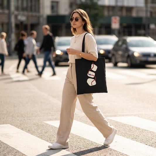 Woman carrying THE THREAD black cotton art tote on a city street.