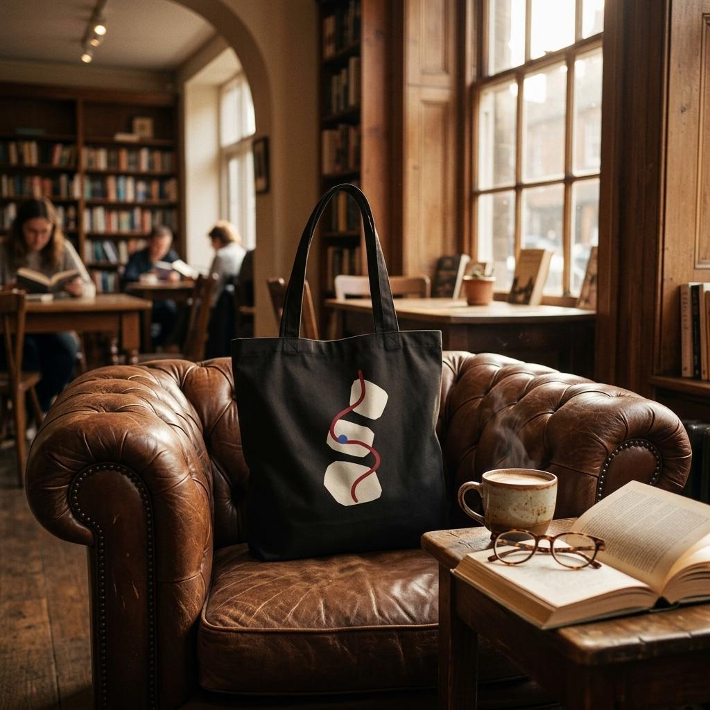 THE THREAD black art tote displayed on a leather chair in a quiet reading room.